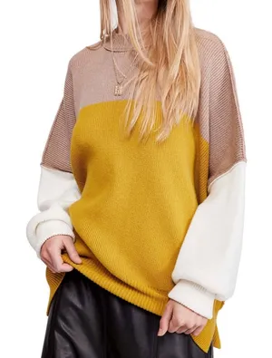 Free People Easy Street Tunic Sweater Womens‎ Small Oversized Colorblock Mustard thumbnail 1