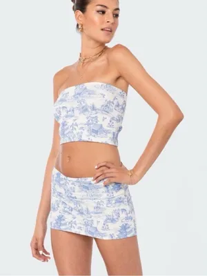 Edikted delft print strapless top and low rise skirt SET Small horse Japan Y2K thumbnail 1