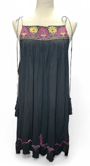 Free People Boho Black Embroidered Flowy Faux‎ Leather Straps Tunic Size Medium thumbnail 1