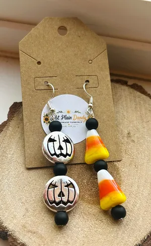 Mismatched Pumpkin & Candy Corn Earrings | Halloween Jewelry | Fall Dangle thumbnail 1