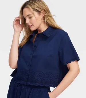 Roller Rabbit x Target Navy Blue Short Sleeve Button Down Large NEW Women thumbnail 1