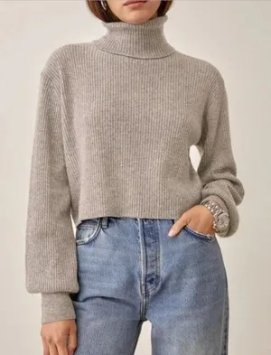 Reformation | Luisa 100% Cashmere Turtleneck Cropped Sweater in Grey size‎ Large thumbnail 1