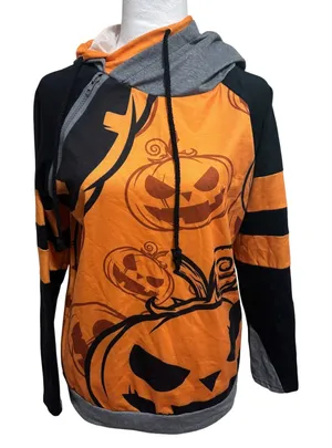 Halloween Hoodie Orange Jack O' Lantern Asymmetric Zip Spooky‎ Festive Pumpkin M thumbnail 1