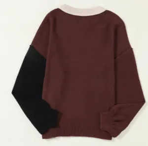 NEW Brown Black and Tan Colorblock Bishop Sleeve Sweater thumbnail 3
