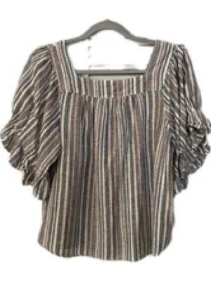Studio West Brown Multi-Stripe Square Neck Peasant Blouse Linen and Cotton Blend thumbnail 2