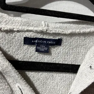 American‎ Eagle Knit Hooded Pullover Sweater Light Gray Button Neck Size L thumbnail 5