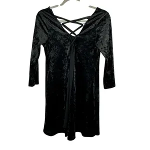 A. Byer 90s Black Crushed Velvet Mini Dress Long Sleeve V Neck Grunge Whimsigoth thumbnail 2