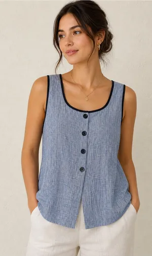 SheIn Blue Tank Top with Black Trim and Buttons thumbnail 1