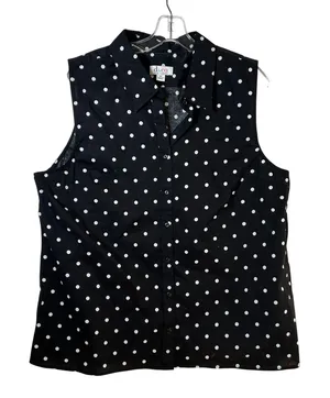 Denim & Company Womens XL Black White Polka Dot Sleeveless Button Down Shirt thumbnail 1