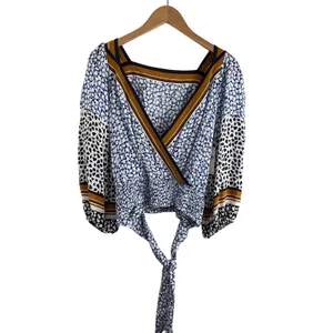 Maeve by Anthropologie Wrap Blouse Blue White Black Print‎ Smocked Waist XS thumbnail 5