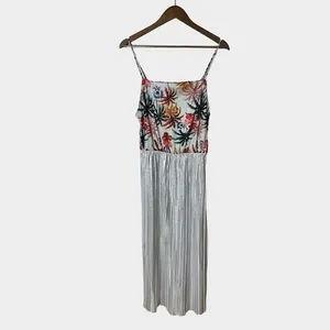 Zara Trafaluc Tropical Floral Silver Metallic Pleated Midi Dress Medium‎ Summer thumbnail 3