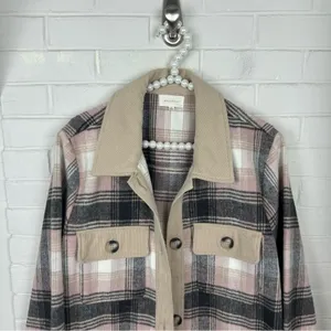 Melloday Pink Brown Plaid Long Line Button Front Shacket Size XL thumbnail 4