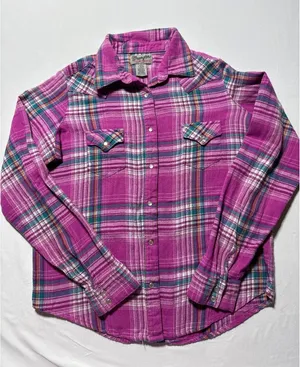 Wrangler Pink Plaid Snap Button Flannel Shirt - Size L - Flâ thumbnail 1