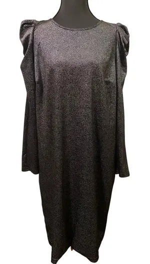 LOFT Metallic Shimmer Black Silver Puff Sleeve Shift Dress Size M Party Cocktail thumbnail 1
