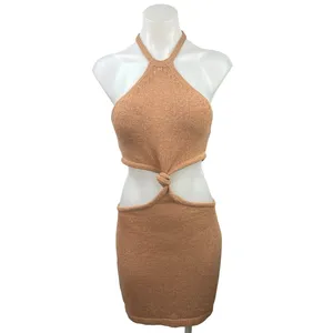 Isalis Women's Beige Halter Neck Sleeveless Knitted Mini Bodycon Dress Size S thumbnail 2