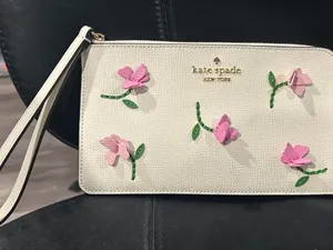 kate spade Cream Wristlet with Pink Floral Appliqués and Green Accents thumbnail 1