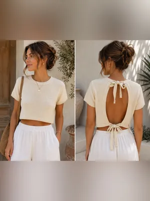 Rue Stiic L Cream Cotton Knit Open Back Tie Back Cropped Top thumbnail 2