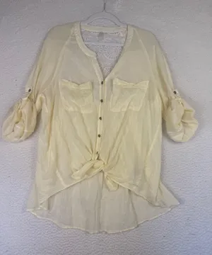 Free People Blouse Womens Small Yellow Sheer‎ Crochet Lace Boho Indie Cottage thumbnail 1