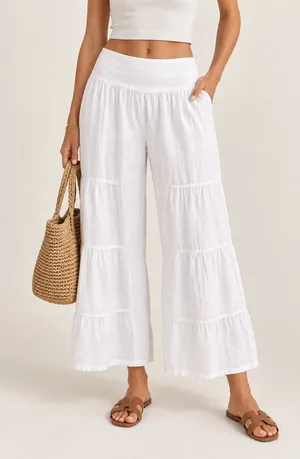 White Linen Tiered Wide Leg Palazzo Pants Foldover Waist Boho Coastal Resort thumbnail 1