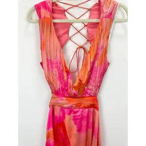 Lulus Dedra Pink and Orange Abstract Pleated Maxi Dress Formal Satin Large NWT thumbnail 7