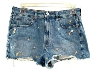 American Eagle Dainty Flower Embroidered Mom Short Denim Shorts Raw Fray Hem thumbnail 1