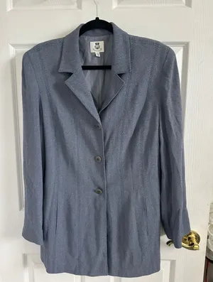 Renfrew Womens Blue Herringbone Longline Blazer Jacket Size 14 Made in USA thumbnail 1