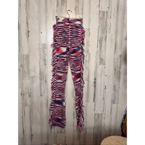 Red White Blue Crochet Flare Knit Pants Womens XS 2 Fringe Side Patriotic 4th of thumbnail 5
