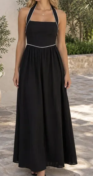 White Closet Black White Linen Blend Halter Neck Maxi Dress Small NWT thumbnail 1