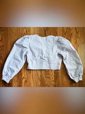 Maeve Anthropologie Cropped Gingham Bow Blouse Lavender Sz 14 Cottage Coastal thumbnail 6