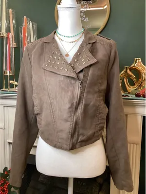 GB Studded Faux Suede Moto Jacket Women‎ M Brown NWT Cropped Biker thumbnail 1