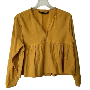 Zara Mustard Yellow Frayed crop babydoll top M thumbnail 1