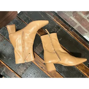Zara Camel Tan Leather Square Toe Block Heel Ankle Boots 7.5 thumbnail 7