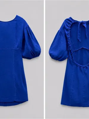 NWT Zara Royal Blue Linen Blend Open Back Puff Sleeve Mini Dress XS thumbnail 7