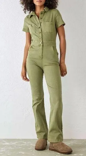 Urban Outfitters Emma Stretch Denim Flared Jumpsuit in Olive Green Size Small thumbnail 1