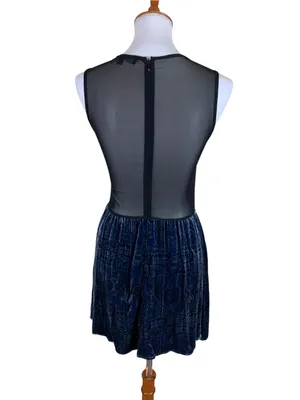 For Love & Lemons Lulu Blue Velvet Mesh Plunge Fit Flare‎ Mini Dress Medium thumbnail 3