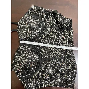 Sequin Corset Bustier Top Underwire Adjustable Straps Black Silver M Size M thumbnail 6
