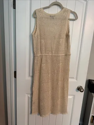 Crochet Midi Vest Sweater with Waist Tie in Cream thumbnail 2