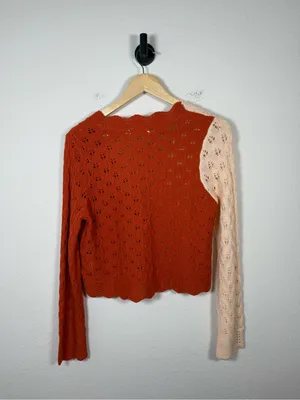 All In Favor Colorblock Pointelle Knit Tie Front Cardigan Cream Rust Medium thumbnail 7