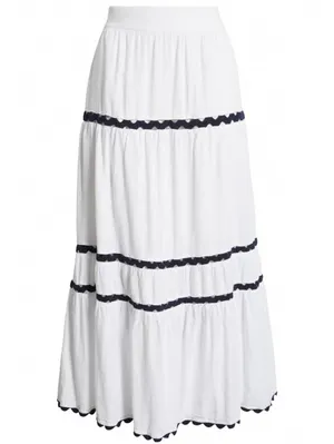Caslon Rickrack Trim Linen Blend Tiered Maxi Skirt NWT White Navy Large thumbnail 6