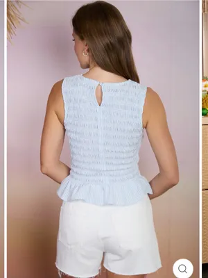 Blu Pepper Light Blue Stripe Smocked Sleeveless Blouse Medium NWT thumbnail 4