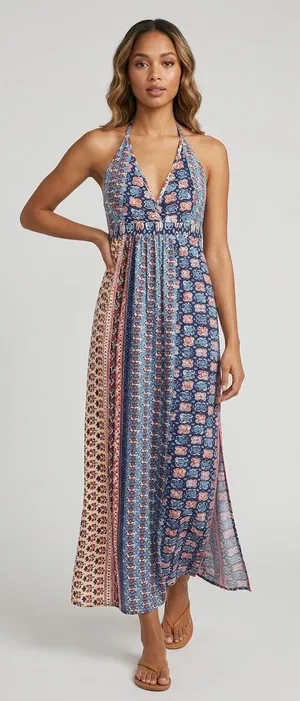 Raga Blue Red Patchwork Boho Halter Neck Side Slit Maxi Dress Size Small thumbnail 1