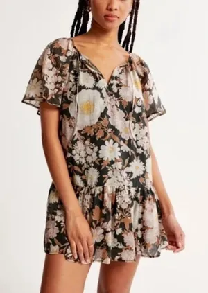Abercrombie & Fitch Floral Floaty Trapeze Mini Dress Black Boho Tiered‎ XL NWT thumbnail 1