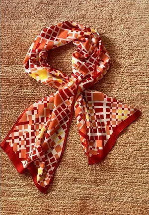 Geometric Silk Feel Scarf Red Orange Yellow Long Rectangle Vintage Style thumbnail 1