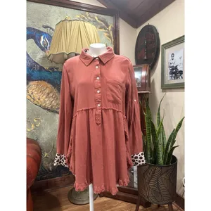 Umgee Boho Linen Blend Tunic Top Leopard Print Roll Tab Sleeve Rust S Raw Hem thumbnail 2