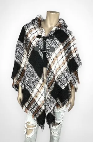 APT.9 London Plaid Toggle Ruana Poncho Cape Wrap Black‎ Brown White Cozy OS thumbnail 1