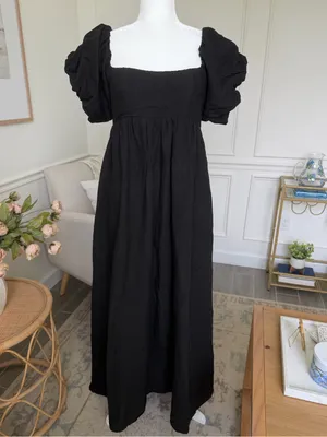 A. REN Candace Linen Maxi Dress Washed Black Puff Sleeve Smocked Back M thumbnail 4