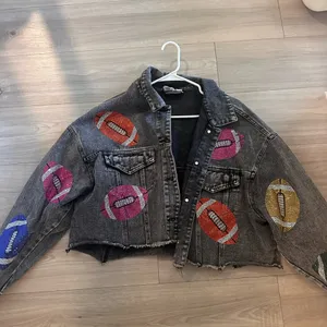 Denim rhinestone football jacket thumbnail 2