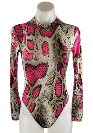 Fashion Queen Women's Multicolor Snake Skin Long Sleeve Mock Neck Bodysuit Top S thumbnail 1