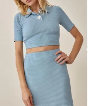 Reformation Peggy Ribbed Polo Two Button Crop Top Turquoise Green Blue thumbnail 5