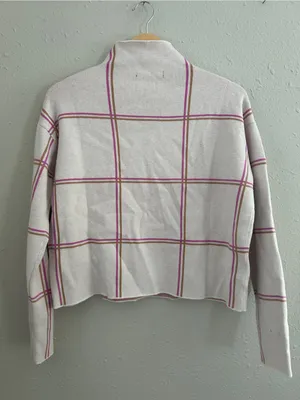 Tahari Cream Plaid Mock Neck Sweater with Pink Trim Fall Pastel Preppy Small thumbnail 4